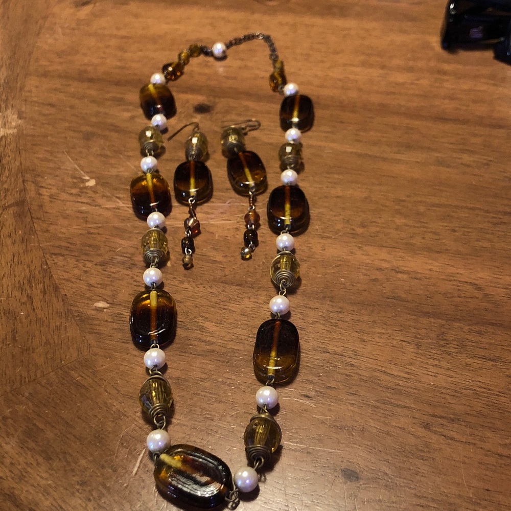 Brown Glass Bead Necklace and Earring Set